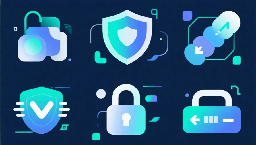 一组抽象的安全图标，如盾牌、锁和验证码，突出网络安全氛围，配色清新科技感