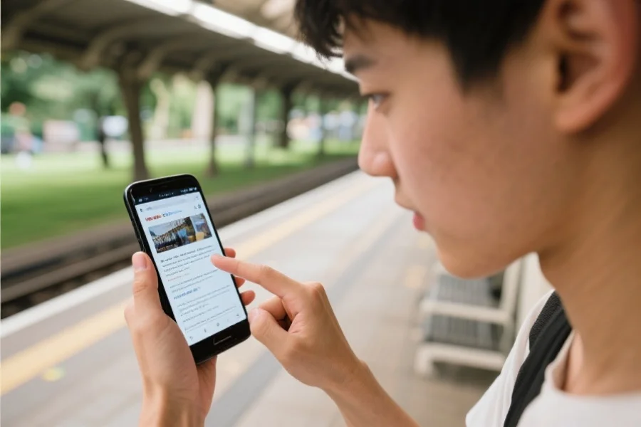 一个年轻用户在地铁或公园中专注使用手机浏览网站，手指在屏幕上滑动，周围环境自然轻松